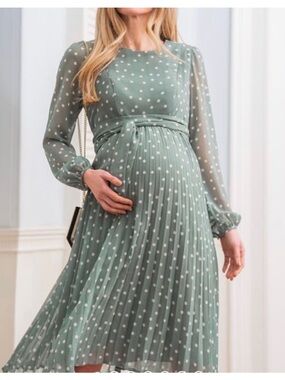 Seraphine Luxe Maternity and Nursing Dress Sage Polka Dot Pleated Chiffon